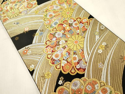 平和屋着物●西陣　服部織物謹製　六通柄袋帯　草花文　黒地　金糸　正絹　逸品　CABF6296dy