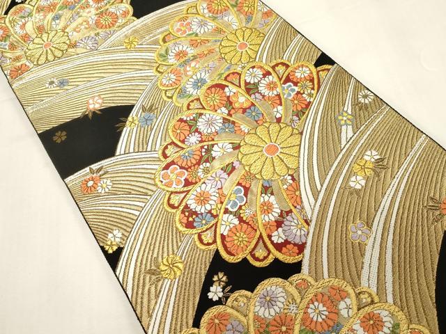 平和屋着物●西陣　服部織物謹製　六通柄袋帯　草花文　黒地　金糸　正絹　逸品　CABF6296dy