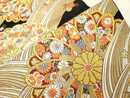 平和屋着物●西陣　服部織物謹製　六通柄袋帯　草花文　黒地　金糸　正絹　逸品　CABF6296dy