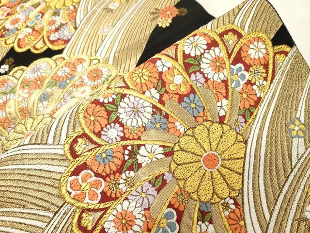 平和屋着物●西陣　服部織物謹製　六通柄袋帯　草花文　黒地　金糸　正絹　逸品　CABF6296dy