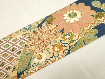 平和屋着物●創業130年　江戸染繍友禅　大彦　九寸名古屋帯　駒刺繍　草花文　金糸　鬼しぼ縮緬　正絹　逸品　CABF6314dy