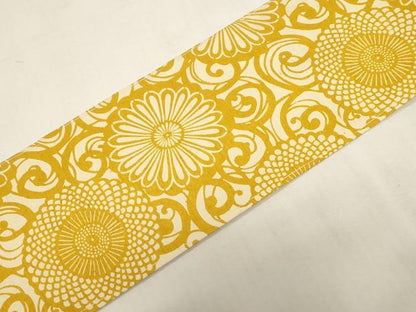 平和屋着物●全通柄九寸名古屋帯　紬地　型染め　花唐草文　正絹　逸品　未使用　CABF6319dy