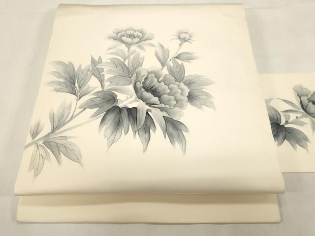 平和屋着物●塩瀬　九寸名古屋帯　手描き　草花文　正絹　逸品　CABF6322dy