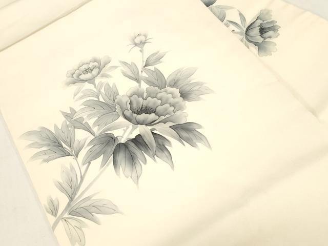 平和屋着物●塩瀬　九寸名古屋帯　手描き　草花文　正絹　逸品　CABF6322dy
