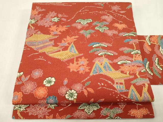 平和屋着物●全通柄九寸名古屋帯　型染め　風景文　鬼しぼ縮緬　正絹　逸品　CABF6323dy
