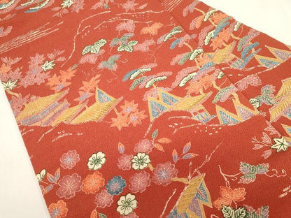 平和屋着物●全通柄九寸名古屋帯　型染め　風景文　鬼しぼ縮緬　正絹　逸品　CABF6323dy