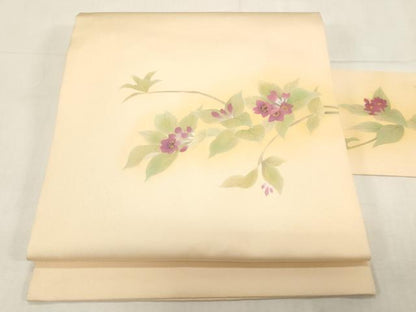 平和屋着物●塩瀬　九寸名古屋帯　草花文　金彩　正絹　逸品　CABF6329dy