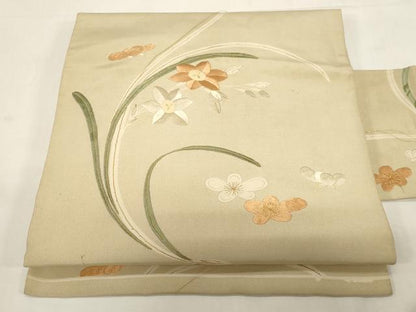平和屋着物●アンティーク　大正ロマン　全通柄九寸名古屋帯　刺繍　草花文　正絹　逸品　CABF6330dy