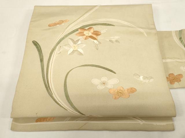 平和屋着物●アンティーク　大正ロマン　全通柄九寸名古屋帯　刺繍　草花文　正絹　逸品　CABF6330dy