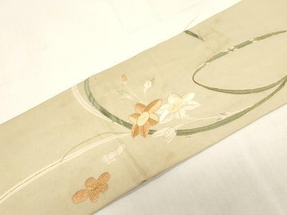 平和屋着物●アンティーク　大正ロマン　全通柄九寸名古屋帯　刺繍　草花文　正絹　逸品　CABF6330dy