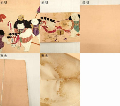 平和屋着物●アンティーク　大正ロマン　九寸名古屋帯　総手刺繍　童子　正絹　逸品　CABF6331dy