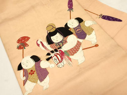 平和屋着物●アンティーク　大正ロマン　九寸名古屋帯　総手刺繍　童子　正絹　逸品　CABF6331dy