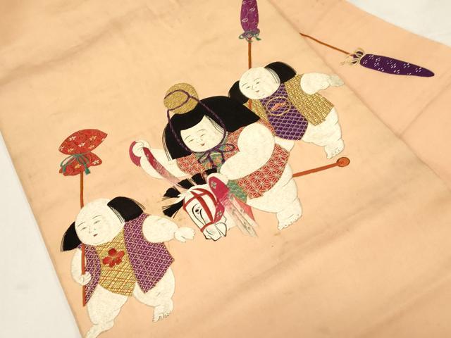 平和屋着物●アンティーク　大正ロマン　九寸名古屋帯　総手刺繍　童子　正絹　逸品　CABF6331dy