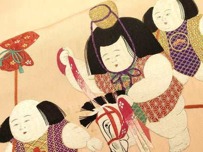 平和屋着物●アンティーク　大正ロマン　九寸名古屋帯　総手刺繍　童子　正絹　逸品　CABF6331dy