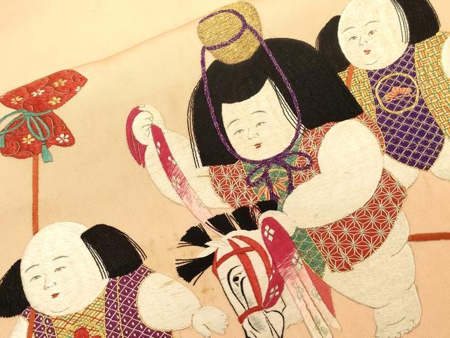 平和屋着物●アンティーク　大正ロマン　九寸名古屋帯　総手刺繍　童子　正絹　逸品　CABF6331dy
