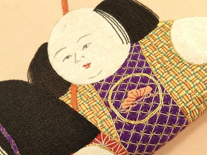 平和屋着物●アンティーク　大正ロマン　九寸名古屋帯　総手刺繍　童子　正絹　逸品　CABF6331dy