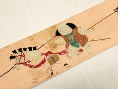 平和屋着物●アンティーク　大正ロマン　九寸名古屋帯　総手刺繍　童子　正絹　逸品　CABF6331dy