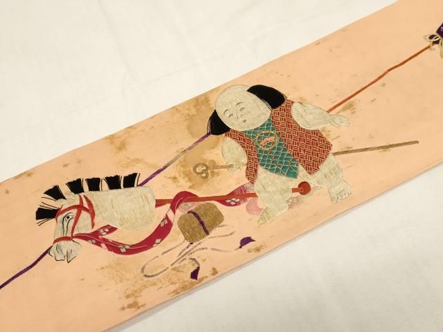 平和屋着物●アンティーク　大正ロマン　九寸名古屋帯　総手刺繍　童子　正絹　逸品　CABF6331dy