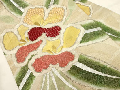 平和屋着物●アンティーク　大正ロマン　九寸名古屋帯　駒刺繍　草花文　金銀糸　正絹　逸品　CABF6332dy