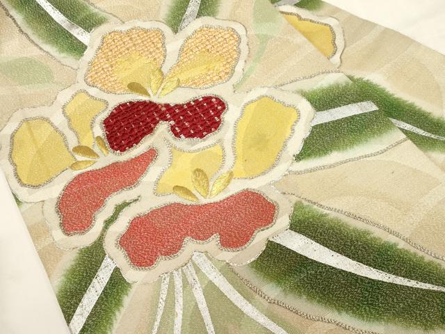平和屋着物●アンティーク　大正ロマン　九寸名古屋帯　駒刺繍　草花文　金銀糸　正絹　逸品　CABF6332dy