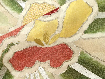 平和屋着物●アンティーク　大正ロマン　九寸名古屋帯　駒刺繍　草花文　金銀糸　正絹　逸品　CABF6332dy