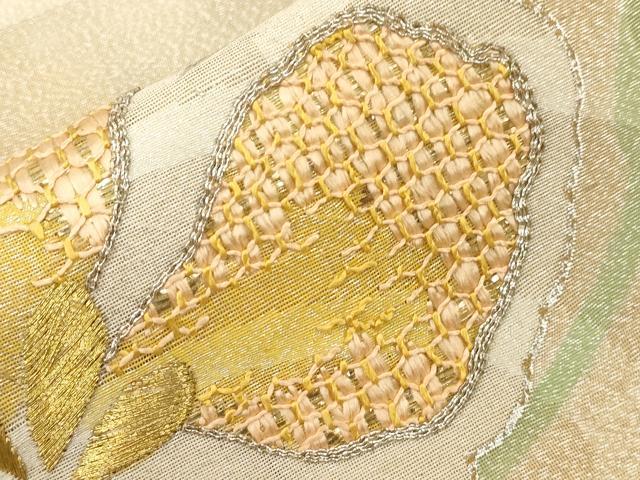 平和屋着物●アンティーク　大正ロマン　九寸名古屋帯　駒刺繍　草花文　金銀糸　正絹　逸品　CABF6332dy