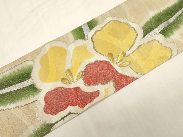 平和屋着物●アンティーク　大正ロマン　九寸名古屋帯　駒刺繍　草花文　金銀糸　正絹　逸品　CABF6332dy