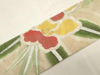 平和屋着物●アンティーク　大正ロマン　九寸名古屋帯　駒刺繍　草花文　金銀糸　正絹　逸品　CABF6332dy