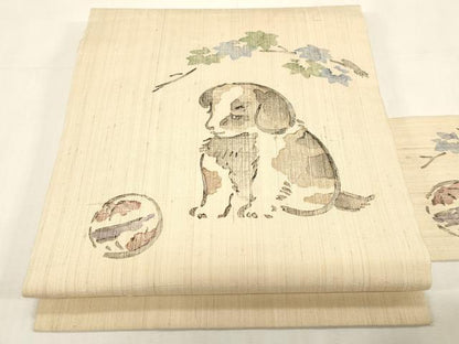 平和屋着物●九寸名古屋帯　紬地　犬　正絹　逸品　CABF6333dy