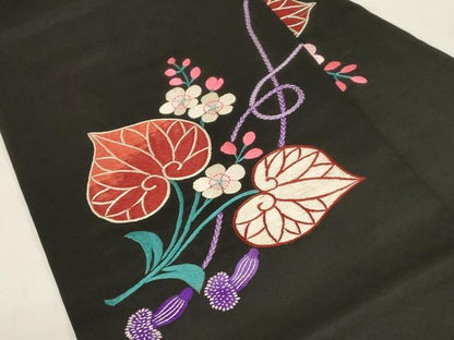 平和屋着物●アンティーク　大正ロマン　九寸名古屋帯　総手刺繍　草花文　葵　黒地　正絹　逸品　CABF6334dy