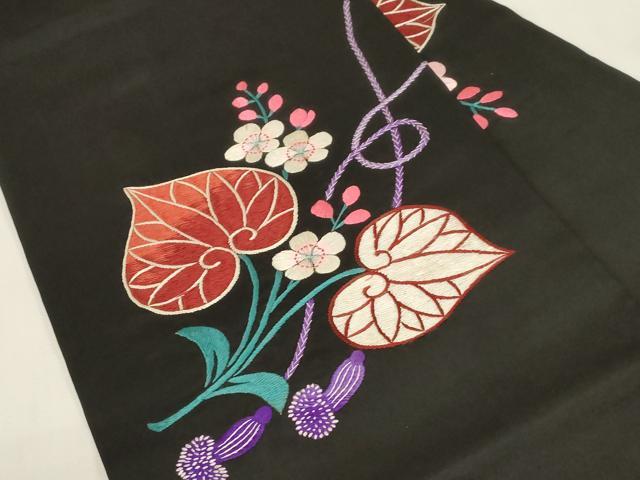 平和屋着物●アンティーク　大正ロマン　九寸名古屋帯　総手刺繍　草花文　葵　黒地　正絹　逸品　CABF6334dy