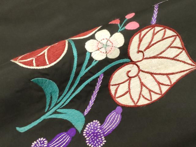 平和屋着物●アンティーク　大正ロマン　九寸名古屋帯　総手刺繍　草花文　葵　黒地　正絹　逸品　CABF6334dy