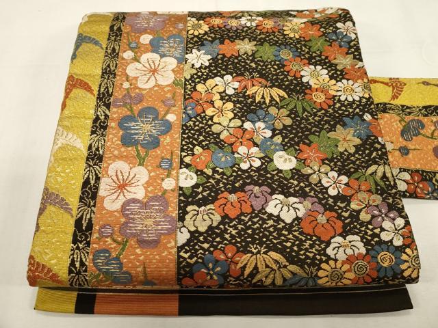 平和屋着物●アンティーク　大正ロマン　九寸名古屋帯　飛鶴草花文　金糸　正絹　逸品　CABF6335dy