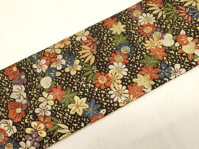平和屋着物●アンティーク　大正ロマン　九寸名古屋帯　飛鶴草花文　金糸　正絹　逸品　CABF6335dy