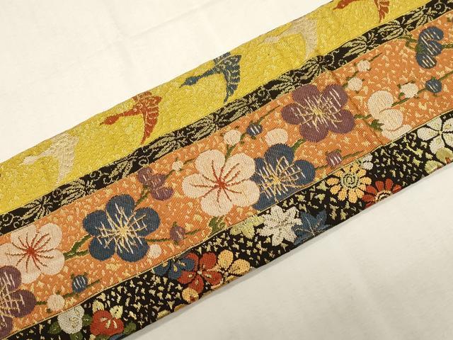 平和屋着物●アンティーク　大正ロマン　九寸名古屋帯　飛鶴草花文　金糸　正絹　逸品　CABF6335dy