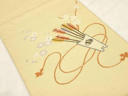平和屋着物●八寸名古屋帯　刺繍　花籠矢羽文　正絹　逸品　CABF6336dy