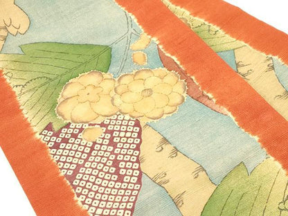 平和屋着物●摺型友禅　京都　多ち花　九寸名古屋帯　紬地　枝花文　正絹　逸品　未使用　CABF6337dy