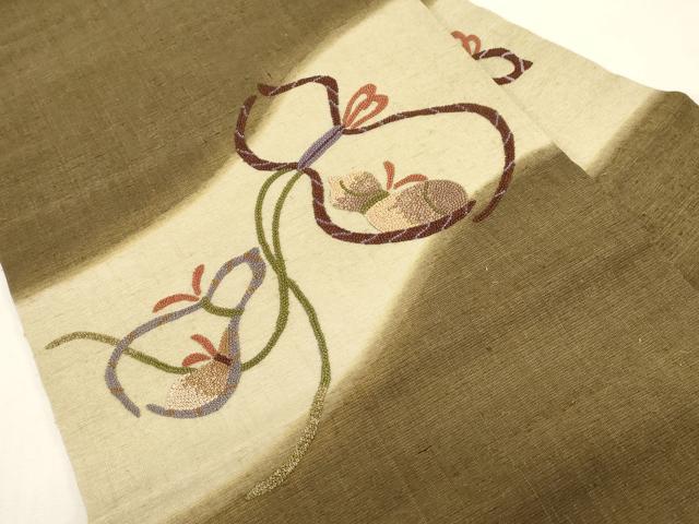平和屋着物●中国三大刺繍　総相良刺繍　九寸名古屋帯　紬地　瓢箪　正絹　逸品　CABF6338dy