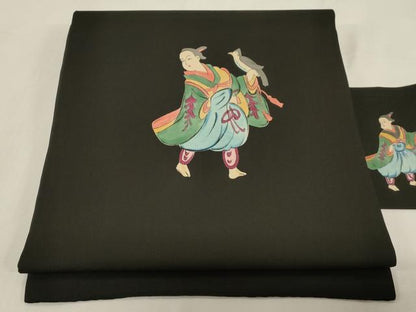 平和屋着物●塩瀬　九寸名古屋帯　手描き　人物鳥文　黒地　正絹　逸品　CABF6342dy