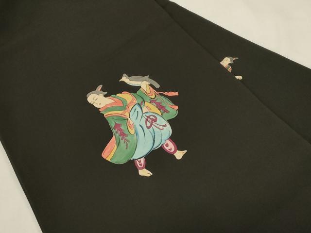 平和屋着物●塩瀬　九寸名古屋帯　手描き　人物鳥文　黒地　正絹　逸品　CABF6342dy