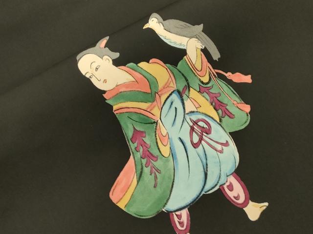 平和屋着物●塩瀬　九寸名古屋帯　手描き　人物鳥文　黒地　正絹　逸品　CABF6342dy