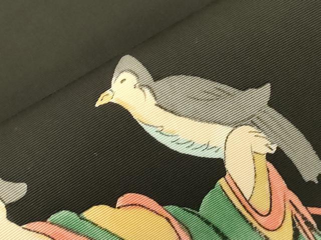 平和屋着物●塩瀬　九寸名古屋帯　手描き　人物鳥文　黒地　正絹　逸品　CABF6342dy