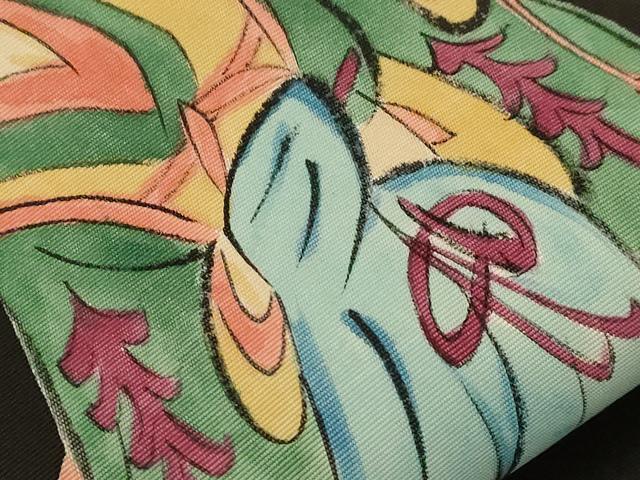 平和屋着物●塩瀬　九寸名古屋帯　手描き　人物鳥文　黒地　正絹　逸品　CABF6342dy