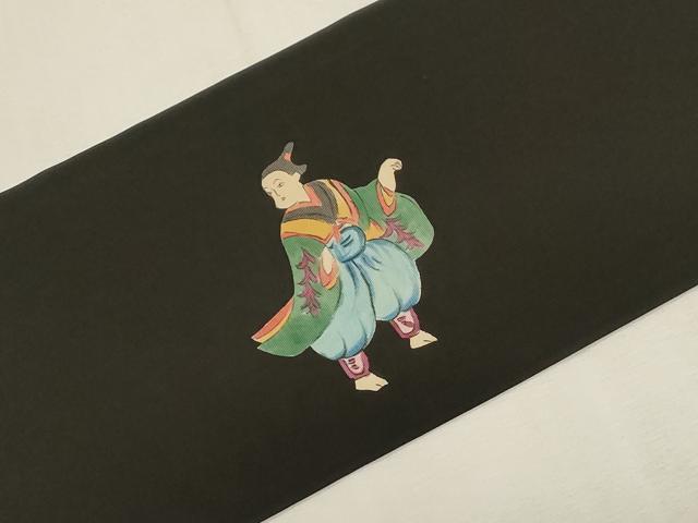 平和屋着物●塩瀬　九寸名古屋帯　手描き　人物鳥文　黒地　正絹　逸品　CABF6342dy