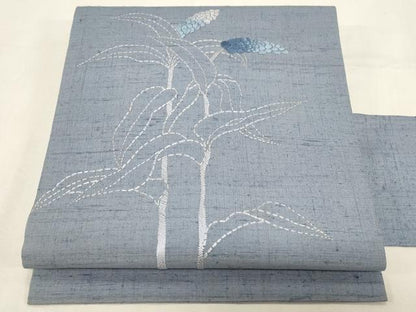平和屋着物●九寸名古屋帯　紬地　総刺繍　刺し子　草木文　正絹　逸品　CABF6345dy