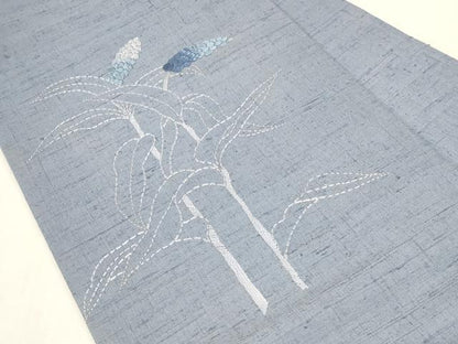 平和屋着物●九寸名古屋帯　紬地　総刺繍　刺し子　草木文　正絹　逸品　CABF6345dy
