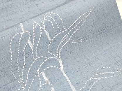 平和屋着物●九寸名古屋帯　紬地　総刺繍　刺し子　草木文　正絹　逸品　CABF6345dy