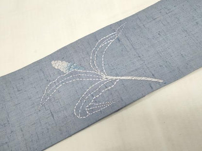 平和屋着物●九寸名古屋帯　紬地　総刺繍　刺し子　草木文　正絹　逸品　CABF6345dy