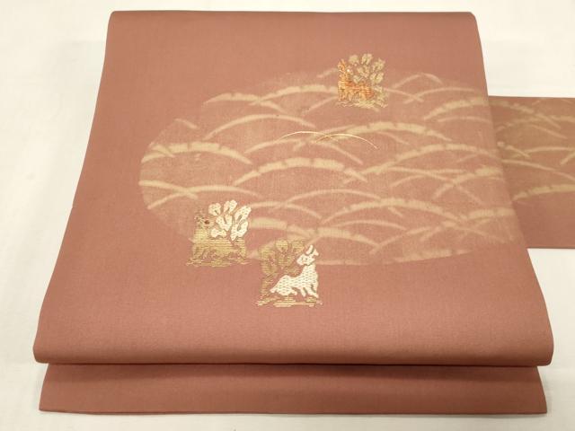 平和屋着物●塩瀬　九寸名古屋帯　竹屋町刺繍　花兎　金彩　正絹　逸品　CABF6346dy