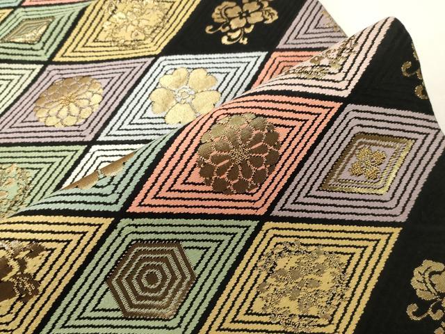 平和屋着物●九寸開き名古屋帯　唐織　菱花文　黒地　金糸　松坂屋扱い　正絹　逸品　CABF6348dy